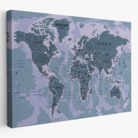Detaylı ve Okyanuslu Eğitici İngilizce Dünya Haritası Dekoratif Kanvas Tablo, Duvar Dekoru 2513
