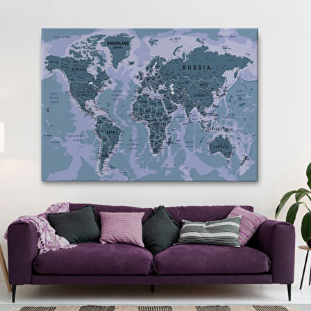 Detaylı ve Okyanuslu Eğitici İngilizce Dünya Haritası Dekoratif Kanvas Tablo, Duvar Dekoru 2513