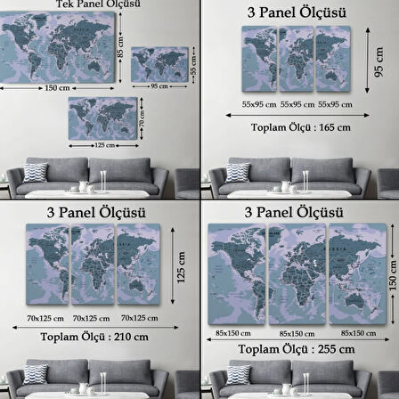 Detaylı ve Okyanuslu Eğitici İngilizce Dünya Haritası Dekoratif Kanvas Tablo, Duvar Dekoru 2513