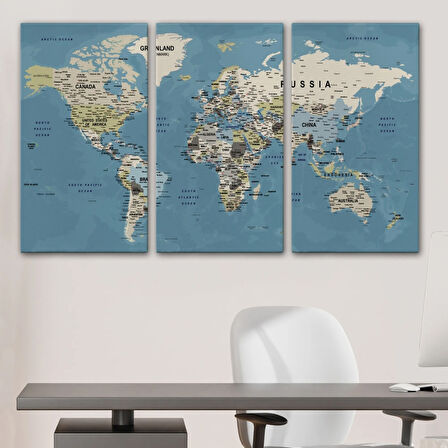 Okyanus Detay Eğitici Öğretici İngilizce Dünya Haritası Dekoratif Kanvas Tablo, Duvar Dekoru 2523