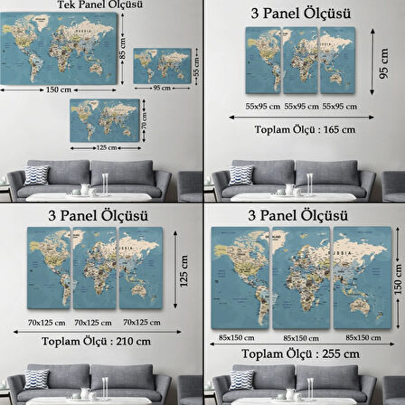 Okyanus Detay Eğitici Öğretici İngilizce Dünya Haritası Dekoratif Kanvas Tablo, Duvar Dekoru 2523