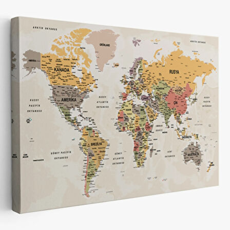 Detaylı ve Okyanuslu Eğitici Türkçe Dünya Haritası Dekoratif Kanvas Tablo, Duvar Dekoru 2524