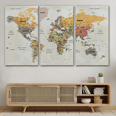 Detaylı ve Okyanuslu Eğitici Türkçe Dünya Haritası Dekoratif Kanvas Tablo, Duvar Dekoru 2524