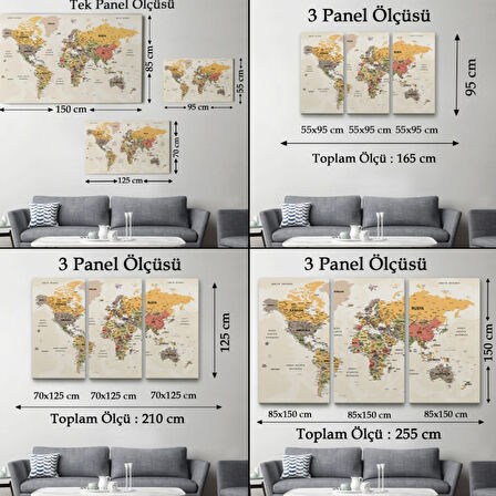 Detaylı ve Okyanuslu Eğitici Türkçe Dünya Haritası Dekoratif Kanvas Tablo, Duvar Dekoru 2524