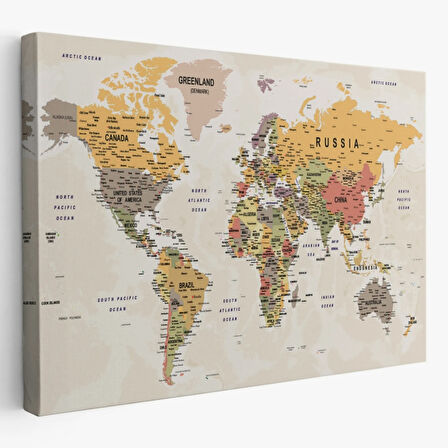 Detaylı ve Okyanuslu Eğitici İngilizce Dünya Haritası Dekoratif Kanvas Tablo, Duvar Dekoru 2525
