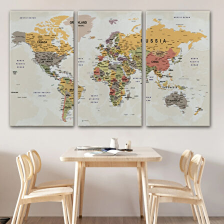 Detaylı ve Okyanuslu Eğitici İngilizce Dünya Haritası Dekoratif Kanvas Tablo, Duvar Dekoru 2525