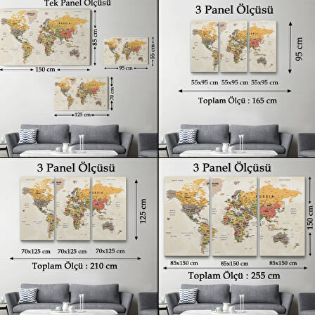 Detaylı ve Okyanuslu Eğitici İngilizce Dünya Haritası Dekoratif Kanvas Tablo, Duvar Dekoru 2525