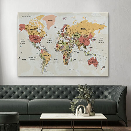 Okyanus Detaylı Eğitici Öğretici Türkçe Dünya Haritası Dekoratif Kanvas Tablo, Duvar Dekoru 2530