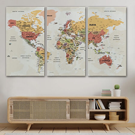 Okyanus Detaylı Eğitici Öğretici Türkçe Dünya Haritası Dekoratif Kanvas Tablo, Duvar Dekoru 2530