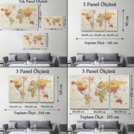 Okyanus Detaylı Eğitici Öğretici Türkçe Dünya Haritası Dekoratif Kanvas Tablo, Duvar Dekoru 2530