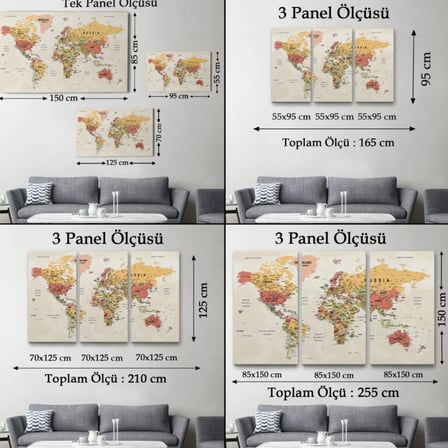 Okyanuslu Detaylı Eğitici İngilizce Dünya Haritası Dekoratif Kanvas Tablo, Duvar Dekoru 2531