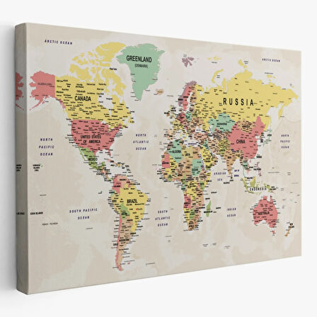 Detaylı ve Okyanuslu Eğitici İngilizce Dünya Haritası Dekoratif Kanvas Tablo, Duvar Dekoru 2535