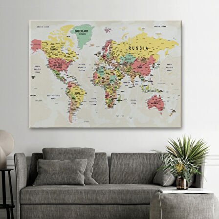 Detaylı ve Okyanuslu Eğitici İngilizce Dünya Haritası Dekoratif Kanvas Tablo, Duvar Dekoru 2535