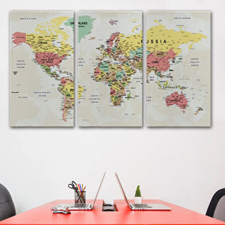 Detaylı ve Okyanuslu Eğitici İngilizce Dünya Haritası Dekoratif Kanvas Tablo, Duvar Dekoru 2535