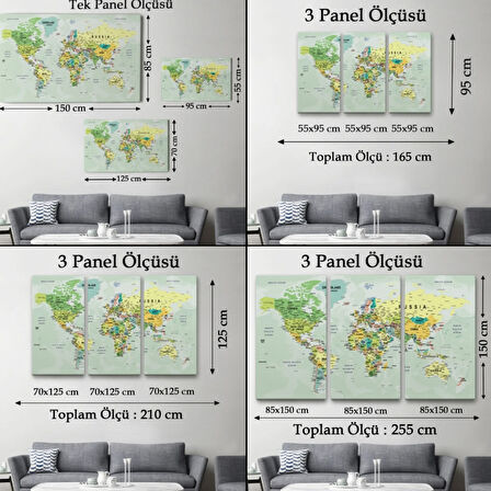 Detaylı ve Okyanuslu Eğitici İngilizce Dünya Haritası Dekoratif Kanvas Tablo, Duvar Dekoru 2535