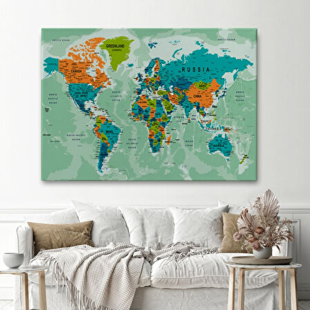 Detaylı ve Okyanuslu Eğitici İngilizce Dünya Haritası Dekoratif Kanvas Tablo, Duvar Dekoru 2543