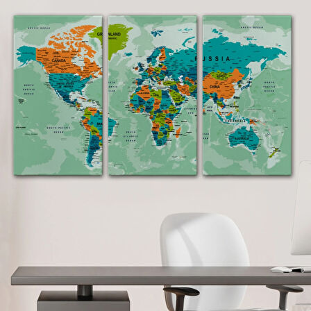 Detaylı ve Okyanuslu Eğitici İngilizce Dünya Haritası Dekoratif Kanvas Tablo, Duvar Dekoru 2543