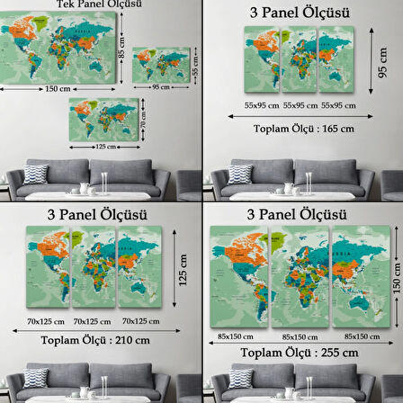 Detaylı ve Okyanuslu Eğitici İngilizce Dünya Haritası Dekoratif Kanvas Tablo, Duvar Dekoru 2543