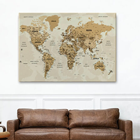 Detaylı ve Okyanuslu Eğitici Türkçe Dünya Haritası Dekoratif Kanvas Tablo, Duvar Dekoru 2544