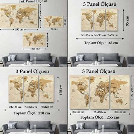 Detaylı ve Okyanuslu Eğitici Türkçe Dünya Haritası Dekoratif Kanvas Tablo, Duvar Dekoru 2544