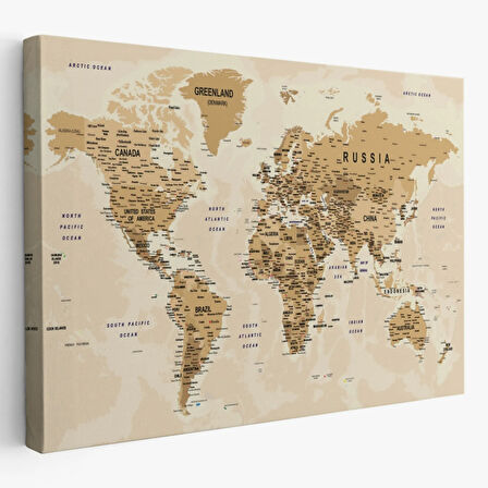 Detaylı ve Okyanuslu Eğitici İngilizce Dünya Haritası Dekoratif Kanvas Tablo, Duvar Dekoru 2545