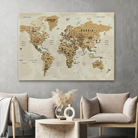 Detaylı ve Okyanuslu Eğitici İngilizce Dünya Haritası Dekoratif Kanvas Tablo, Duvar Dekoru 2545