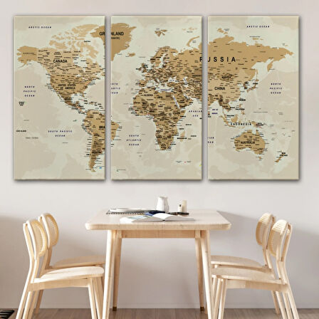 Detaylı ve Okyanuslu Eğitici İngilizce Dünya Haritası Dekoratif Kanvas Tablo, Duvar Dekoru 2545