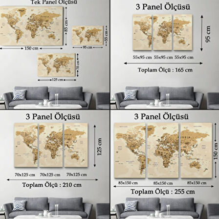 Detaylı ve Okyanuslu Eğitici İngilizce Dünya Haritası Dekoratif Kanvas Tablo, Duvar Dekoru 2545
