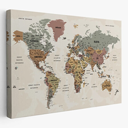 Okyanuslu Detaylı Eğitici Türkçe Dünya Haritası Dekoratif Kanvas Tablo, Duvar Dekoru 2550