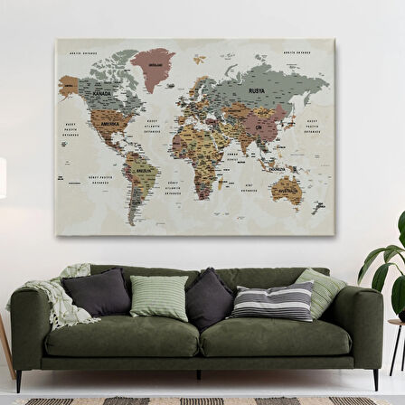 Okyanuslu Detaylı Eğitici Türkçe Dünya Haritası Dekoratif Kanvas Tablo, Duvar Dekoru 2550