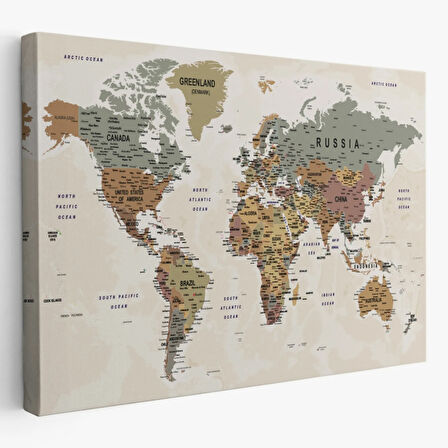 Detaylı ve Okyanuslu Eğitici İngilizce Dünya Haritası Dekoratif Kanvas Tablo, Duvar Dekoru 2551