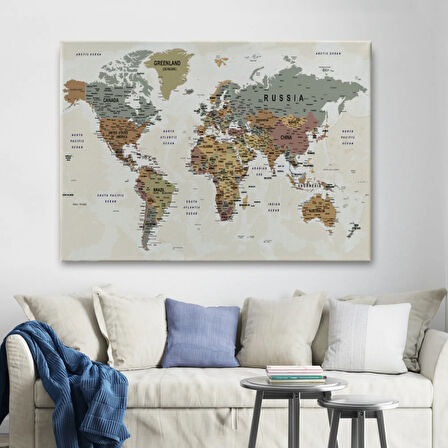 Detaylı ve Okyanuslu Eğitici İngilizce Dünya Haritası Dekoratif Kanvas Tablo, Duvar Dekoru 2551