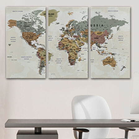 Detaylı ve Okyanuslu Eğitici İngilizce Dünya Haritası Dekoratif Kanvas Tablo, Duvar Dekoru 2551