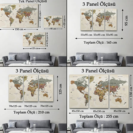 Detaylı ve Okyanuslu Eğitici İngilizce Dünya Haritası Dekoratif Kanvas Tablo, Duvar Dekoru 2551