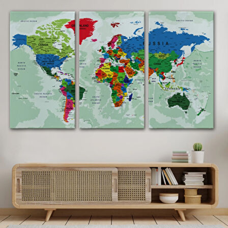 Detaylı ve Okyanuslu Eğitici İngilizce Dünya Haritası Dekoratif Kanvas Tablo, Duvar Dekoru 2553