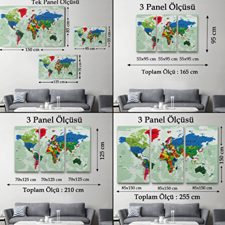 Detaylı ve Okyanuslu Eğitici İngilizce Dünya Haritası Dekoratif Kanvas Tablo, Duvar Dekoru 2553