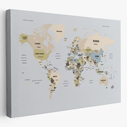 Detaylı Ülke Başkentli Eğitici İngilizce Dünya Haritası Dekoratif Kanvas Tablo, Duvar Dekoru 2597