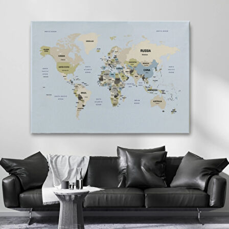 Detaylı Ülke Başkentli Eğitici İngilizce Dünya Haritası Dekoratif Kanvas Tablo, Duvar Dekoru 2597