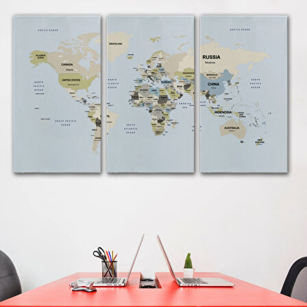 Detaylı Ülke Başkentli Eğitici İngilizce Dünya Haritası Dekoratif Kanvas Tablo, Duvar Dekoru 2597