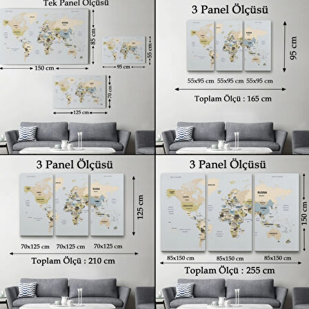 Detaylı Ülke Başkentli Eğitici İngilizce Dünya Haritası Dekoratif Kanvas Tablo, Duvar Dekoru 2597