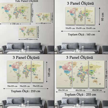 Detaylı Ülke Başkentli Eğitici İngilizce Dünya Haritası Dekoratif Kanvas Tablo, Duvar Dekoru 2603
