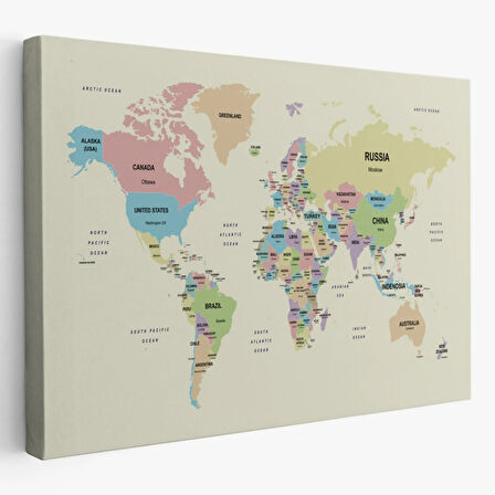 Detaylı Ülke Başkentli Eğitici İngilizce Dünya Haritası Dekoratif Kanvas Tablo, Duvar Dekoru 2603