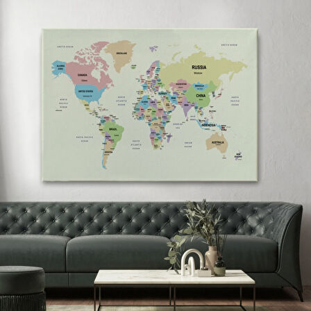 Detaylı Ülke Başkentli Eğitici İngilizce Dünya Haritası Dekoratif Kanvas Tablo, Duvar Dekoru 2603