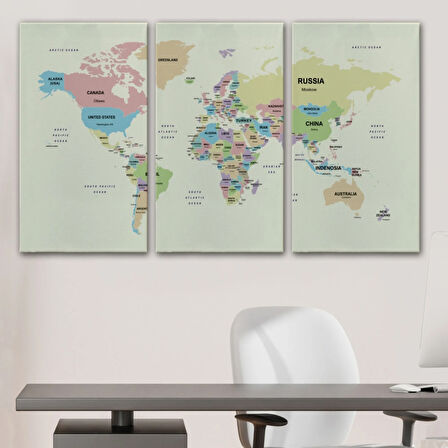 Detaylı Ülke Başkentli Eğitici İngilizce Dünya Haritası Dekoratif Kanvas Tablo, Duvar Dekoru 2603