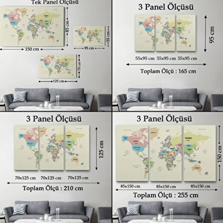 Detaylı Ülke Başkentli Eğitici İngilizce Dünya Haritası Dekoratif Kanvas Tablo, Duvar Dekoru 2603