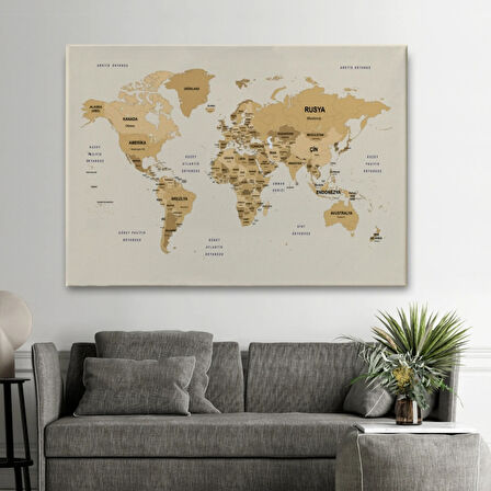 Detaylı Ülke Başkentli Eğitici Türkçe Dünya Haritası Dekoratif Kanvas Tablo, Duvar Dekoru 2618