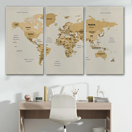 Detaylı Ülke Başkentli Eğitici Türkçe Dünya Haritası Dekoratif Kanvas Tablo, Duvar Dekoru 2618