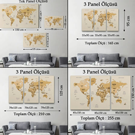Detaylı Ülke Başkentli Eğitici Türkçe Dünya Haritası Dekoratif Kanvas Tablo, Duvar Dekoru 2618