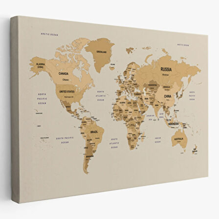 Detaylı Ülke Başkentli Eğitici İngilizce Dünya Haritası Dekoratif Kanvas Tablo, Duvar Dekoru 2619