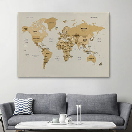 Detaylı Ülke Başkentli Eğitici İngilizce Dünya Haritası Dekoratif Kanvas Tablo, Duvar Dekoru 2619